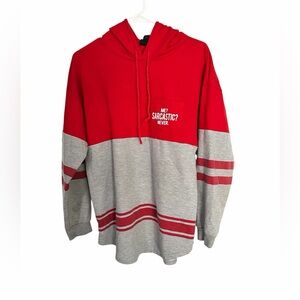 Rue 21 Woman’s Long Sleeve Hoodie Red/Grey "I Don't Care" Size Medium PTP 21”